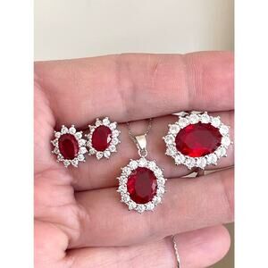 NEW Necklace Earring Ring Matching Jewelry Set Red Clear Silver N20